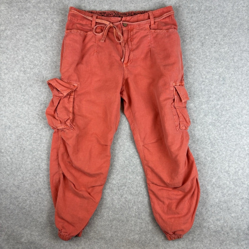 Sundance Hansa Cargo Jogger Linen Blend Salmon Pink Sz 4P Tie Waist Elastic Legs